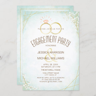 Invitation Anneaux Fiançailles aquarelle Turquoise géométriqu