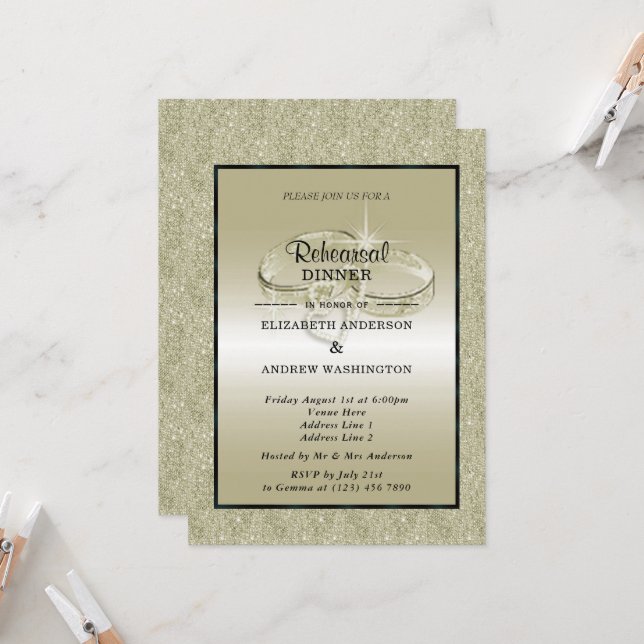 Invitation Anneaux Mariages romantiques, Parties scintillant  (Devant/Arrière en situation)
