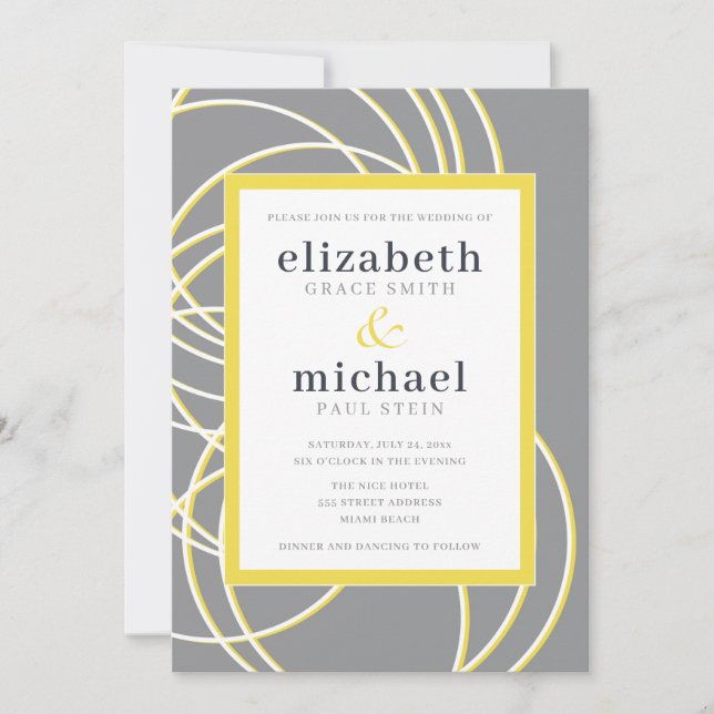Invitation Anneaux modernes Élégant Mariage jaune et gris (Devant)