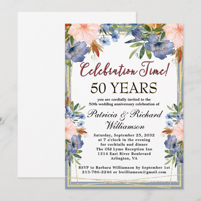 Invitation Année Chic Floral Personnalisé Mariage Anniversair (Devant / Derrière)
