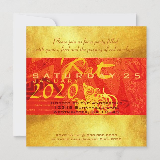 Invitation Année du Rat 2020 avec les souhaits chinois Carré  (Dos)