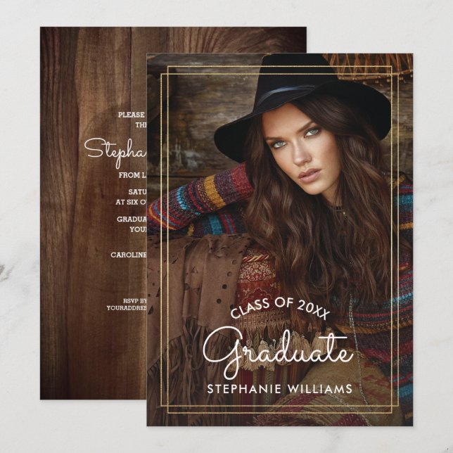 Invitation Année personnalisée Fête de graduation en bois de  (Devant / Derrière)