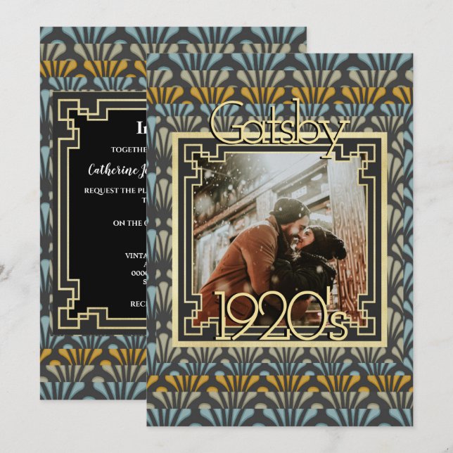 Invitation Années 1920 rugissantes photo Gatsby Art Déco chic (Devant / Derrière)