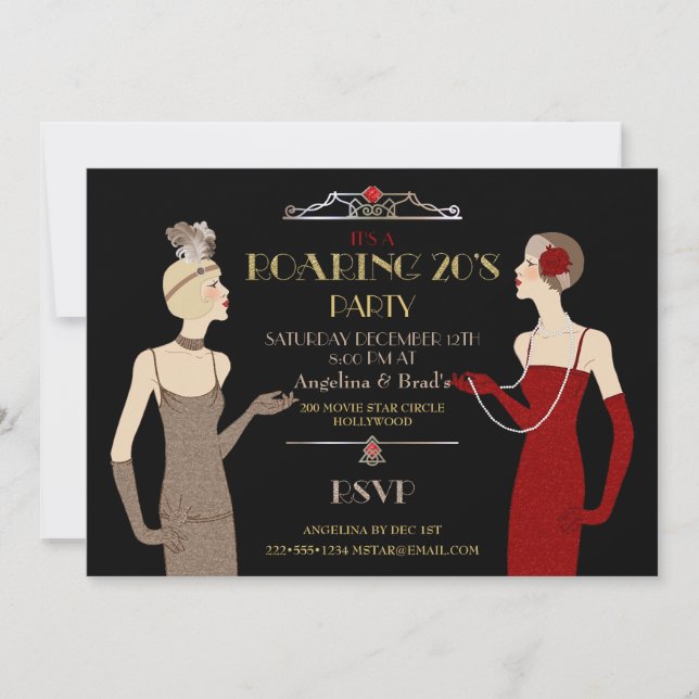 Invitation Années 20 Fou Fou Doré Paillettes Rouge Noir Rétro (Devant)