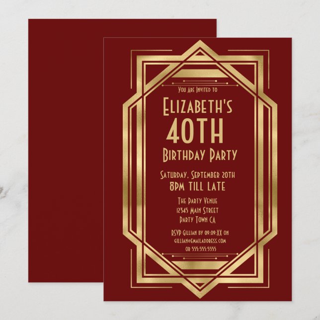 Invitation Années Folles 20 Art Déco Bourgogne | Or 40ème (Devant / Derrière)