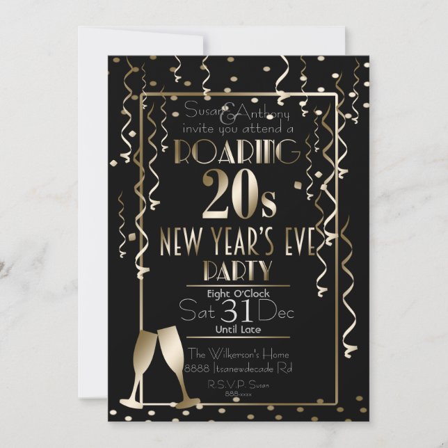 Invitation Années folles 20 Rétro Gold Confetti Réveillon du  (Devant)
