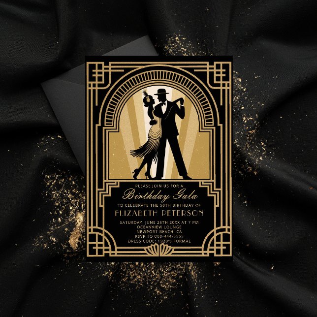 Invitation Années folles 20's Art Déco Gatsby Interdiction An (roaring 20s birthday party invitation art deco gatsby gold flapper frame elegant classy formal)