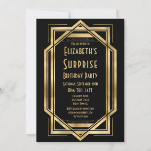 Invitation Années folles Art Déco Or Noir Anniversaire Surpri