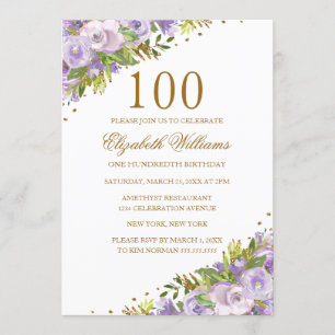 Invitation Anniversaire 100 ans Fleur Violet Aquarelle Or
