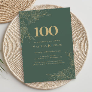 Invitation Anniversaire 100 ans floral élégant vert or