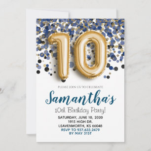 Invitation anniversaire 10 ans confettis or