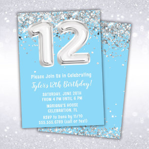 Invitation Anniversaire 12 ans Bleu Clair et Argent