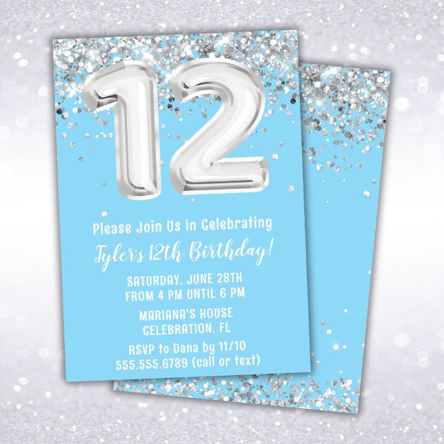 Invitation Anniversaire 12 ans Bleu Clair et Argent (Créateur téléchargé)