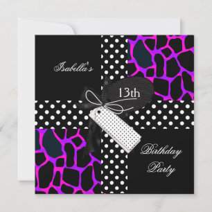 Invitation Anniversaire 13 ans Animal pois violet noir blanc