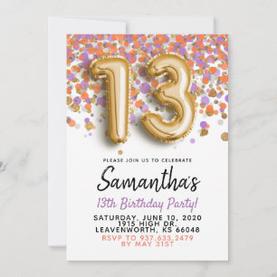Invitation anniversaire 13 ans confettis dorés