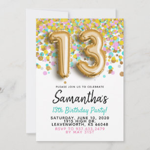 Invitation anniversaire 13 ans confettis dorés
