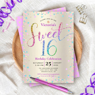 Invitation Anniversaire 16 ans arc-en-ciel paillettes confett