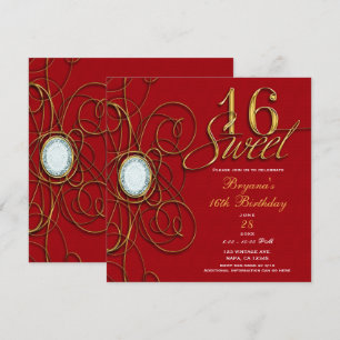 Invitation anniversaire 16 ans diamant rouge et or