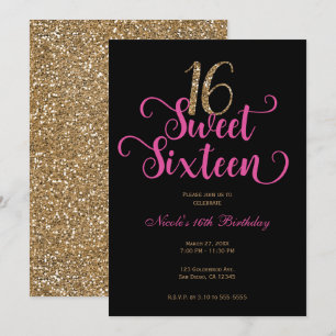 Invitation Anniversaire 16 Ans Fille Paillettes Noir Rose Cha