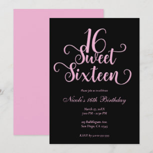 Invitation Anniversaire 16 ans Fille Rose Bonbon et Noir