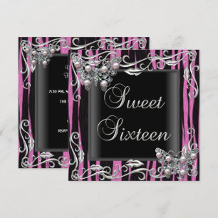 Invitation Anniversaire 16 ans papillon zèbre noir rose