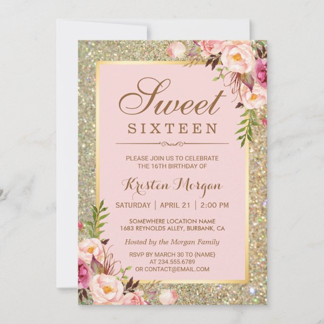 Invitation Anniversaire 16 ans | Parties scintillant florales (Devant)