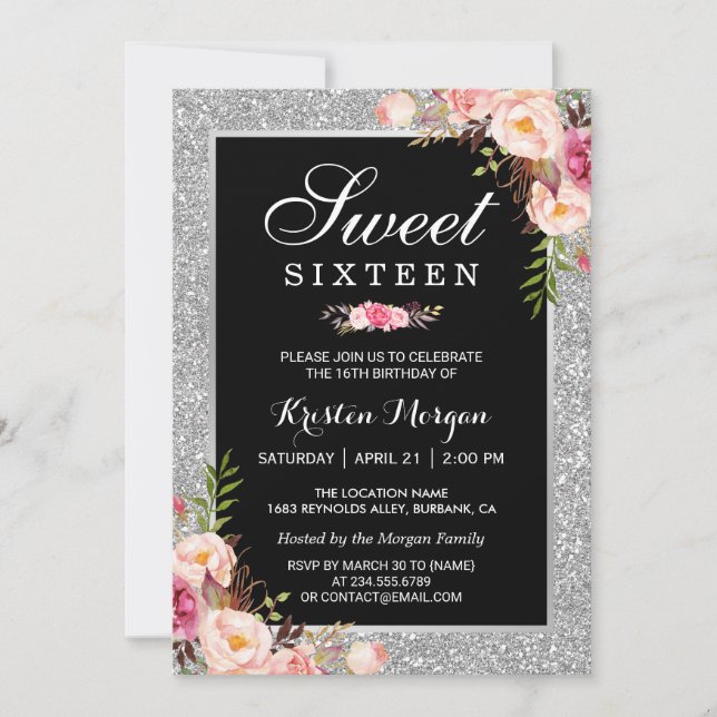 Invitation Anniversaire 16 ans | Parties scintillant florales (Devant)