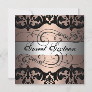Invitation anniversaire 16 ans Peach/Silver Damask