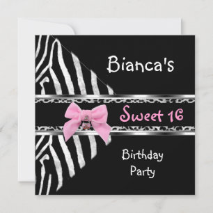 Invitation Anniversaire 16 ans Rose Argent Noir Zèbre Léopard