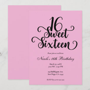 Invitation Anniversaire 16 ans Rose et Noir Bubblegum Douce F