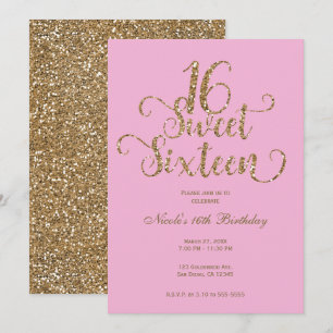 Invitation Anniversaire 16 ans Rose et Paillettes Dorées Bubb