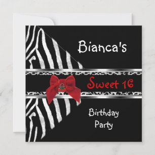 Invitation Anniversaire 16 ans Rouge Argent Noir Zèbre Léopar