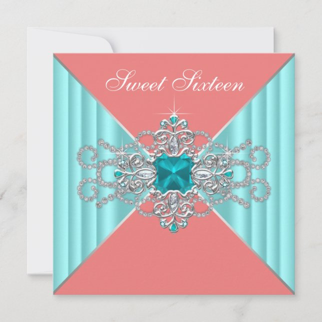 Invitation Anniversaire 16 ans Turquoise Bleu Corail Diamant  (Devant)