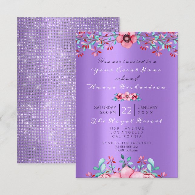 Invitation Anniversaire 16ème nuptiale florale rose pourpre b (Devant / Derrière)
