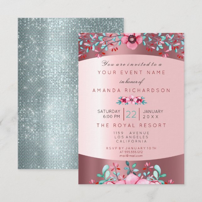 Invitation Anniversaire 16ème Rose Floral Rose Aqua (Devant / Derrière)