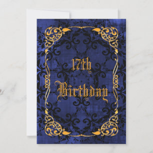 Invitation Anniversaire 17 ans Bleu gothique et doré