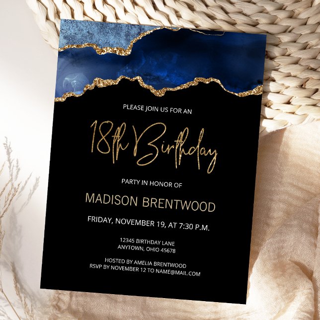 Invitation Anniversaire 18 Ans Agate Bleu Or (Créateur téléchargé)