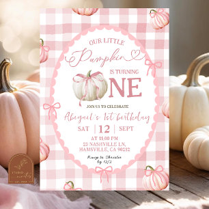 Invitation Anniversaire 1 an Citrouille Gingham Rose Ruban