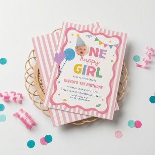 Invitation Anniversaire 1 an Fille Rayures Roses
