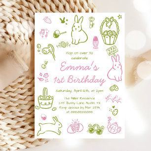 Invitation Anniversaire 1 an Pâques Rose et Vert