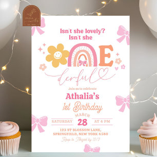 Invitation Anniversaire 1 an Pastel Rétro Arc-en-ciel Onederf