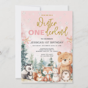 Invitation Anniversaire 1 an Pink Winter Onederland Woodland