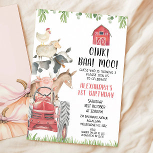 Invitation Anniversaire 1 an Red Tractor Farm Animals