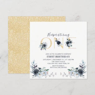Invitation anniversaire 1ère année Boho fleurs or