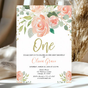 Invitation Anniversaire 1ère année Peach Coral Floral Girl