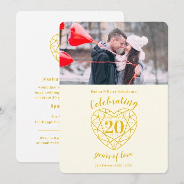 Invitation Anniversaire 20 ans Or Diamant photo (Devant / Derrière)