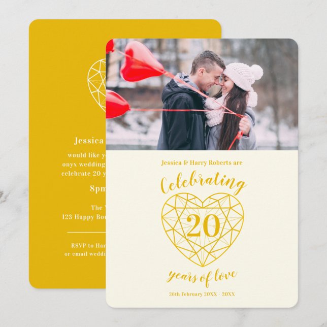 Invitation Anniversaire 20 ans Or Diamant photo (Devant / Derrière)