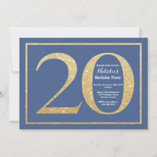 Invitation Anniversaire 20 ans Paillettes Bleu et Or