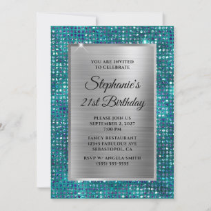Invitation Anniversaire 21 ans Glam Diamant Bleu Argenté Turq