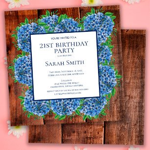 Invitation Anniversaire 21 ans Hydrangeas Bleu Bois Fête Rust